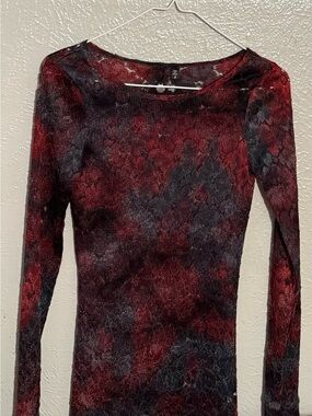 BKE Boutique Red Black Lace Long Sleeve Top S Y2K Whimsigoth Goth Sheer